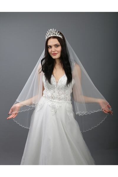 paris in paris Kırık Beyaz Gelinlik Duvağı-nikah Duvağı Kristal Taş Işlemeli Iki Katlı Taraklı 1 Mt Uzunlukta