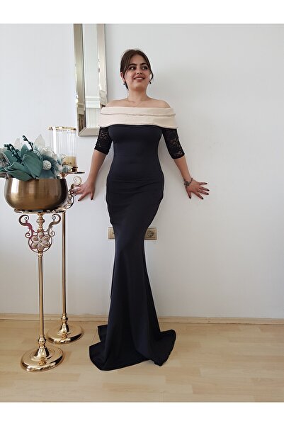 FERGAN فستان سهرة نسائي أسود بياقة مادونا