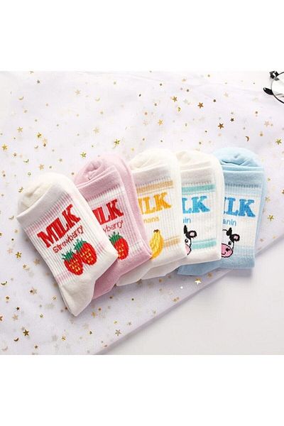 Meguca Socks Дамски комплект колежански чорапи с цветни млечни надписи 5 чифта
