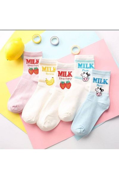 Meguca Socks Дамски комплект колежански чорапи с цветни млечни надписи 5 чифта