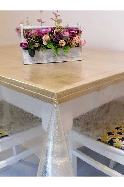 Başak Ev Tekstili Fata de masa din aur cu sclipici - cu model transparent, grosime de 0,18