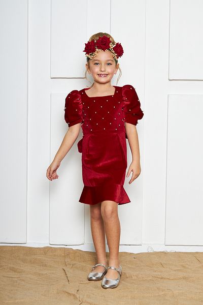 zühre balaban Velvet Lighter Pearl Watermelon Sleeve Girl's Short Evening Dress