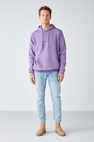 GRIMELANGE Epic Men's Soft Fabric Hooded Corded Regular Fit Embroidered Purple Sweatshirt