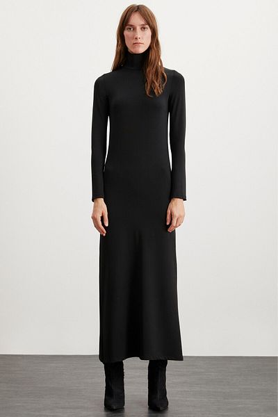 GRIMELANGE Γυναικείο μακρύ μακρυμάνικο ζιβάγκο Sapphire Slim Fit Maxi Μαύρο Φόρεμα