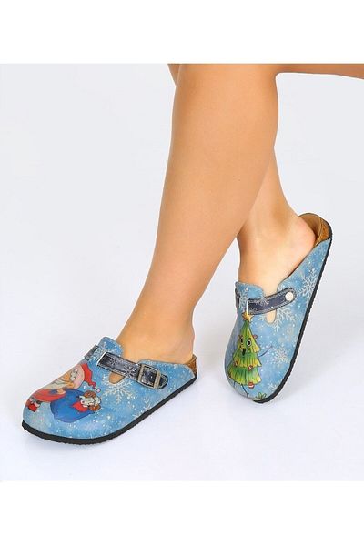 Goby Santa Claus And New Year Printed Closed Toe Blue Red Sabo Women's Slippers
