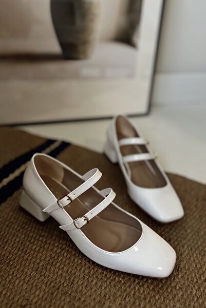 POLKA STORE Women's Mary Jane White Patent Leather Closed Back Double Tape Square Toe Helmet Short Block Heeled Shoes