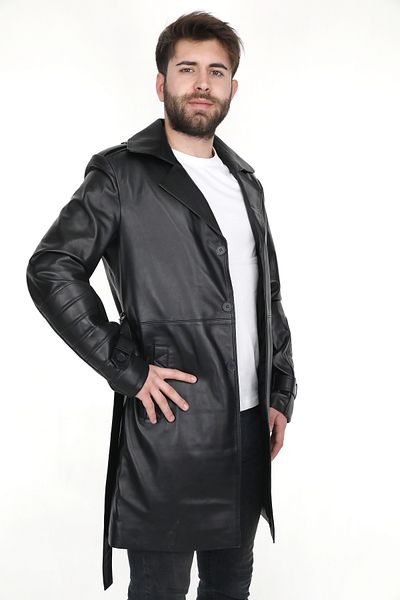 EGE DERİ 100% GENUINE LAMB LEATHER MEN'S BLACK TRENCH COAT