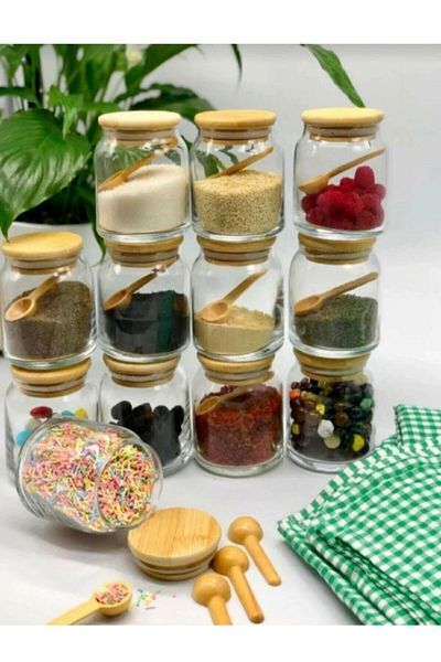 Kitchen Pembelia 12-Piece Labeled 300 ml Spice Set with Bamboo Lid and Spoon Spice Jar Set