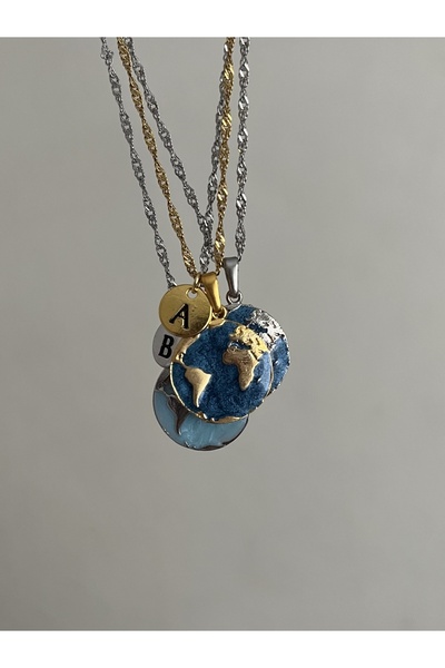 Alya Jewelry Çelik Gold Mavi Dünya Kolye