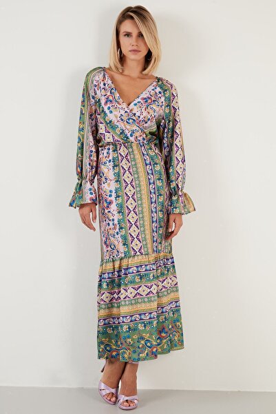 Lela Desenli Rahat Kalıp Kruvaze Yaka Elbise Bayan Elbise 6058062