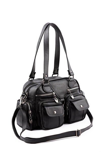 BAGzy Kadın Siyah Yıkama Deri Çok Gözlü Omuz Ve Kol Çantası