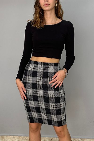 Tam Moda Women's Pencil Skirt with Stamp Look Winter Gray - Black Plaid