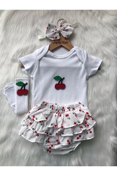 ŞAPKAKİDS Kız Bebek Kiraz Şort Bandana Çorap Zıbın Set