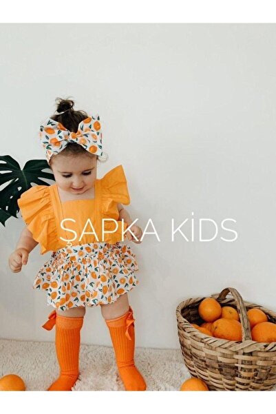 ŞAPKAKİDS Baby Girl Orange Orange Pattern Salopette Bandana Set