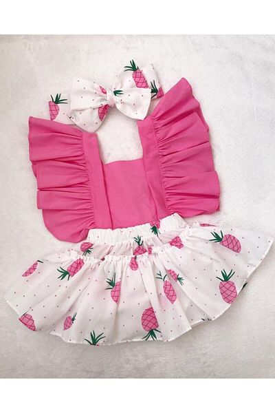 ŞAPKAKİDS Pink Pineapple Pattern Salopet Bandana Set