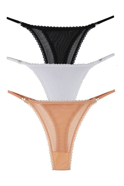 Sensu Women's 3-Piece Thong Set with String on the Side and Tulle on the Front Kts2057