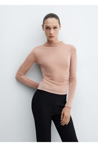 MANGO Woman Tricou Lurex cu Detaliu Adunare