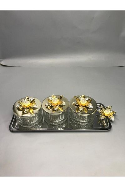 Aslı Hediyelik Lily Flower Elysia Silver 3-Piece Snack Bowl, presentation bowl, spice bowl, ice cream bowl, treat bowl, Glass Bowl