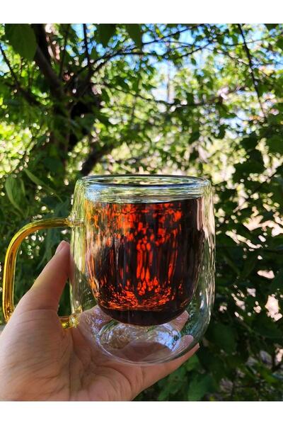 DİBA AVM Double Glazed Double Walled Glass Mug 310ml Home Office Cup Double Deck Heat Insulated Glass Cup with Handle