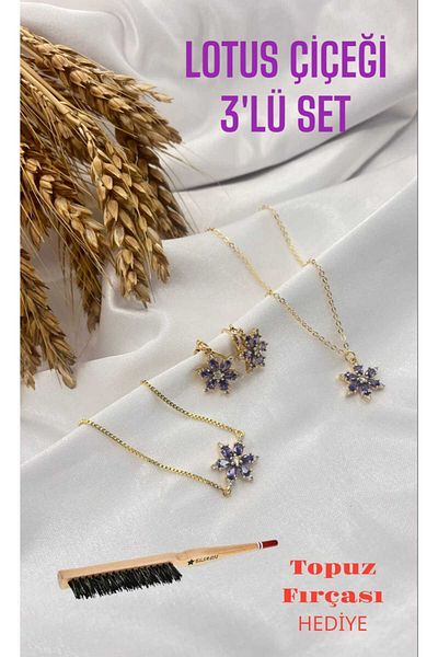 Asel Lotus Flower 3-Piece Jewelry Set with Bun Brush Gift