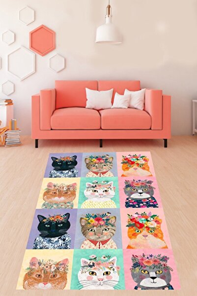 Gökotta Kedili Halı Kedi Desenli Dijital Baskı Yıkanabilir Kaymaz Taban Moder...