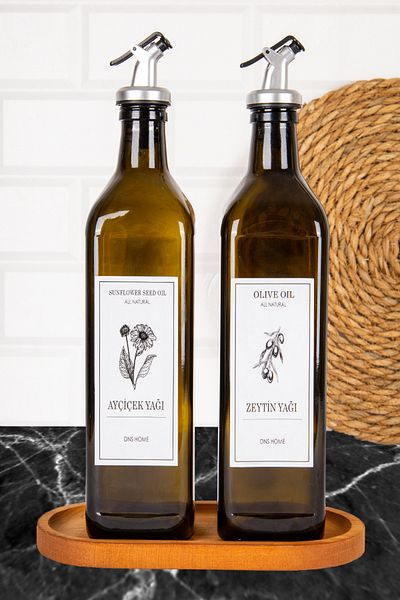 DNS HOME Set of 2 Amber Glass Oil Pot with Wooden Stand Olive Oil Sunflower Oil Bottle Gray Lock Cap Oil Bowl 750 ml