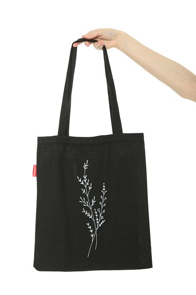 Baghashtag Single Branch Flower Printed Black Cloth Bag