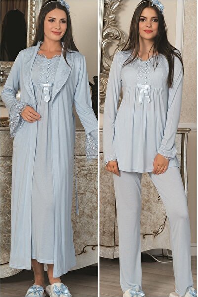 By Mecit Pijama Kadın Mavi 6 Parça Lohusa Set