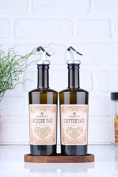incili home Marasca Glass Rustic Olive Oil and Sunflower Oil Glass Bottle Set with Wooden Stand 500 ml Liquid