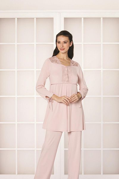 Pierre Cardin Guipure Combed Cotton 3-Piece Maternity Pajama Set - 3050 Powder