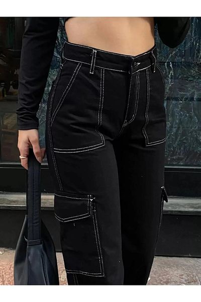 Asortik Kids Girl's High Waist White Stitched Black Cargo Jeans. Age 11. 12 years. 13 years old. 14 years old. 15 years old.