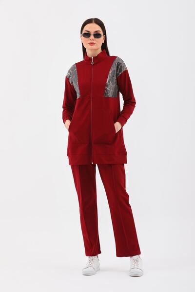 WestBound Set sport casual, 2 piese, cu paiete leopard, roșu Claret