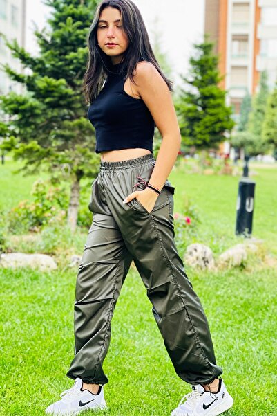 Asortix Дівчачі хакі парашутні джоггер-штани з широкими штанинами
