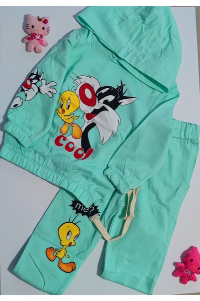dubi baby Su Yeşili Kapşonlu Civciv Cool Desen Çucuk Eşofman Takımı