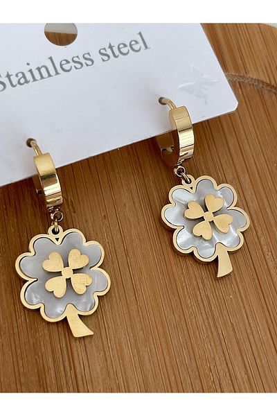 JELLY Women's Steel Gold Color White Pearlescent Clover Model Dangle Earrings