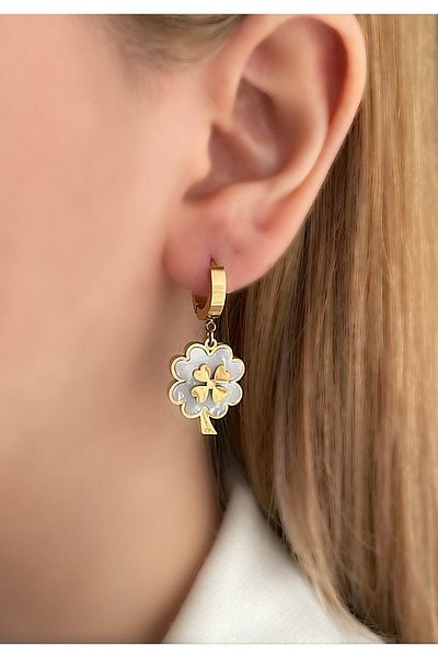 JELLY Women's Steel Gold Color White Pearlescent Clover Model Dangle Earrings