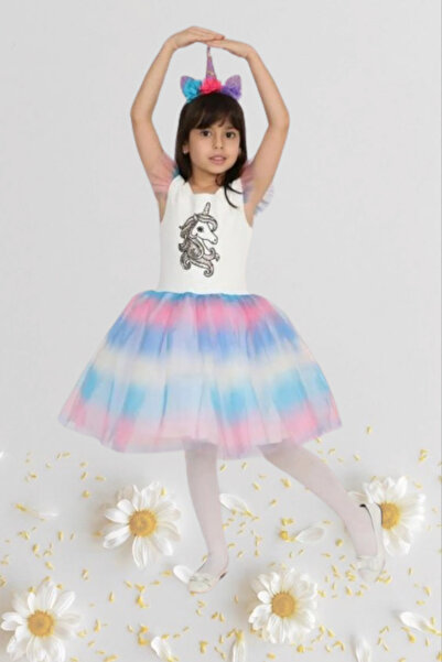 Nacar Kız Çocuk 23 Nisan Okul Gösteri Doğum Günü Tüllü Unicorn Kısa Elbise 024