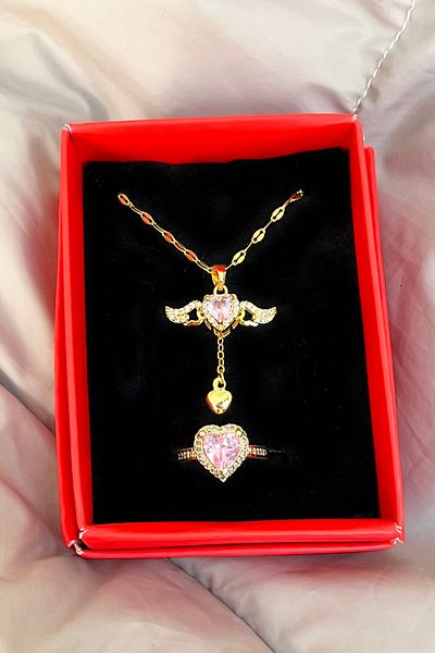 The Collection Moving Wing Heart Steel Necklace and Gold Color Zircon Ring