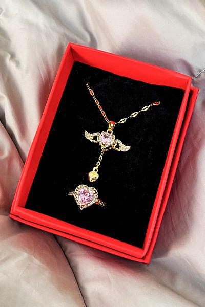 The Collection Moving Wing Heart Steel Necklace and Gold Color Zircon Ring