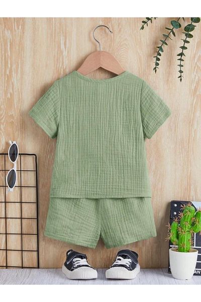 Bubito Unisex Baby&Child 100% Cotton Buttoned Muslin Top and Bottom Shorts Set-Green