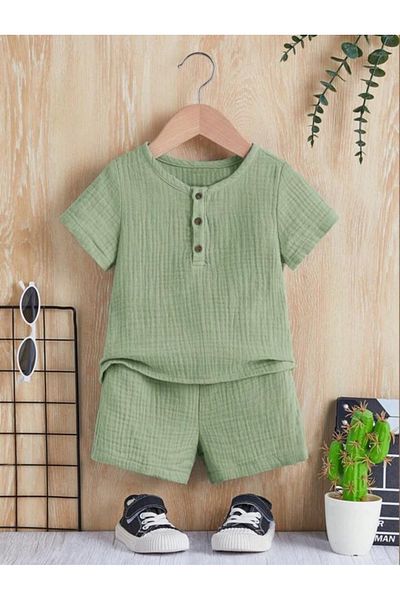 Bubito Unisex Baby&Child 100% Cotton Buttoned Muslin Top and Bottom Shorts Set-Green