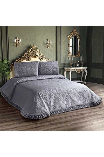 bursa çeyiz Gri Linda Fransız Dantelli Ultrasonik Desenli Çift Kişilik Yatak ...