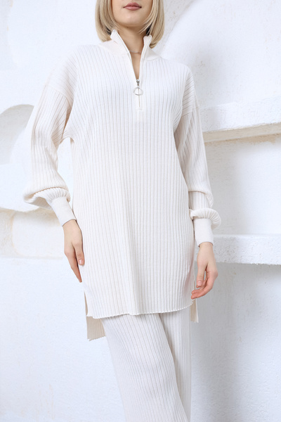 VEGENZE Women's Vanilla Corded Comfortable Balloon Sleeve Knitwear Tunic Pants Bottom-Top Set