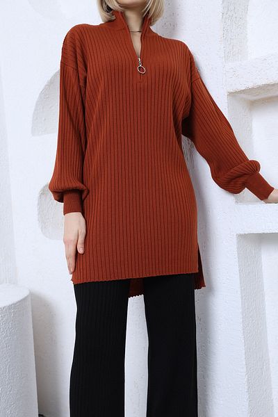 VEGENZE Women's Brick Black Corded Comfortable Balloon Sleeve Knitwear Tunic Pants Bottom-Top Set