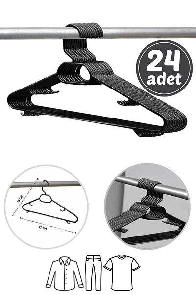Comprox 24 Pieces Black Plastic Clothes Hangers Set of 24