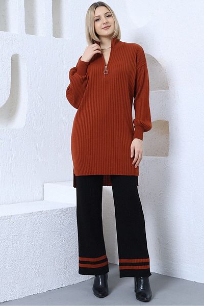 VEGENZE Women's Brick Black Corded Comfortable Balloon Sleeve Knitwear Tunic Pants Bottom-Top Set