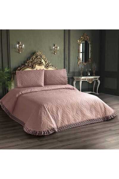 bursa çeyiz Bursa Çeyiz Odessa Fransız Dantelli Mikro Çift Kişilik Yatak Örtüsü - Pudra
