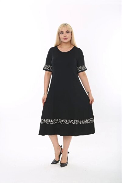 ModaSehle Women's Black Sleeve and Hem Print Large Size Dress