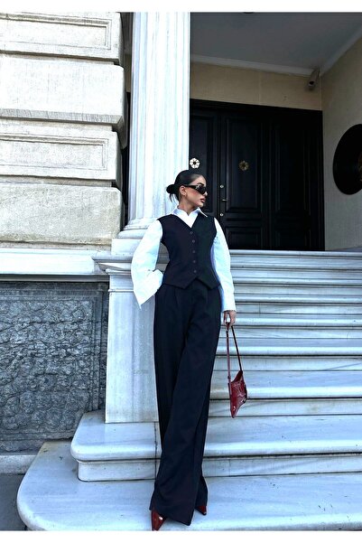 fmnbutik Set dublu cu pantaloni Palazzo, cu nasturi, cu vestă scurtă