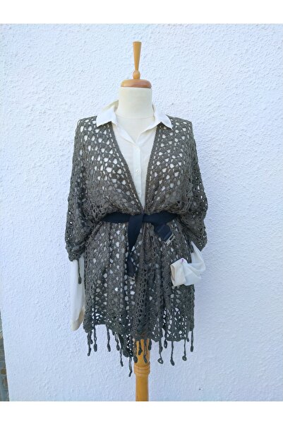 Hippybutik Asker Yeşili Lase İp Tığ Dokuma El İşi Dantel Tasarım Panço Şal